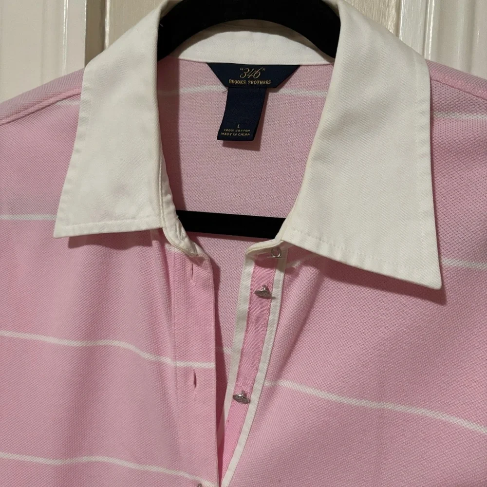 Brooks Brothers Pink White Striped Polo Dress Large White Collar French Cuffs - Picture 5 of 10
